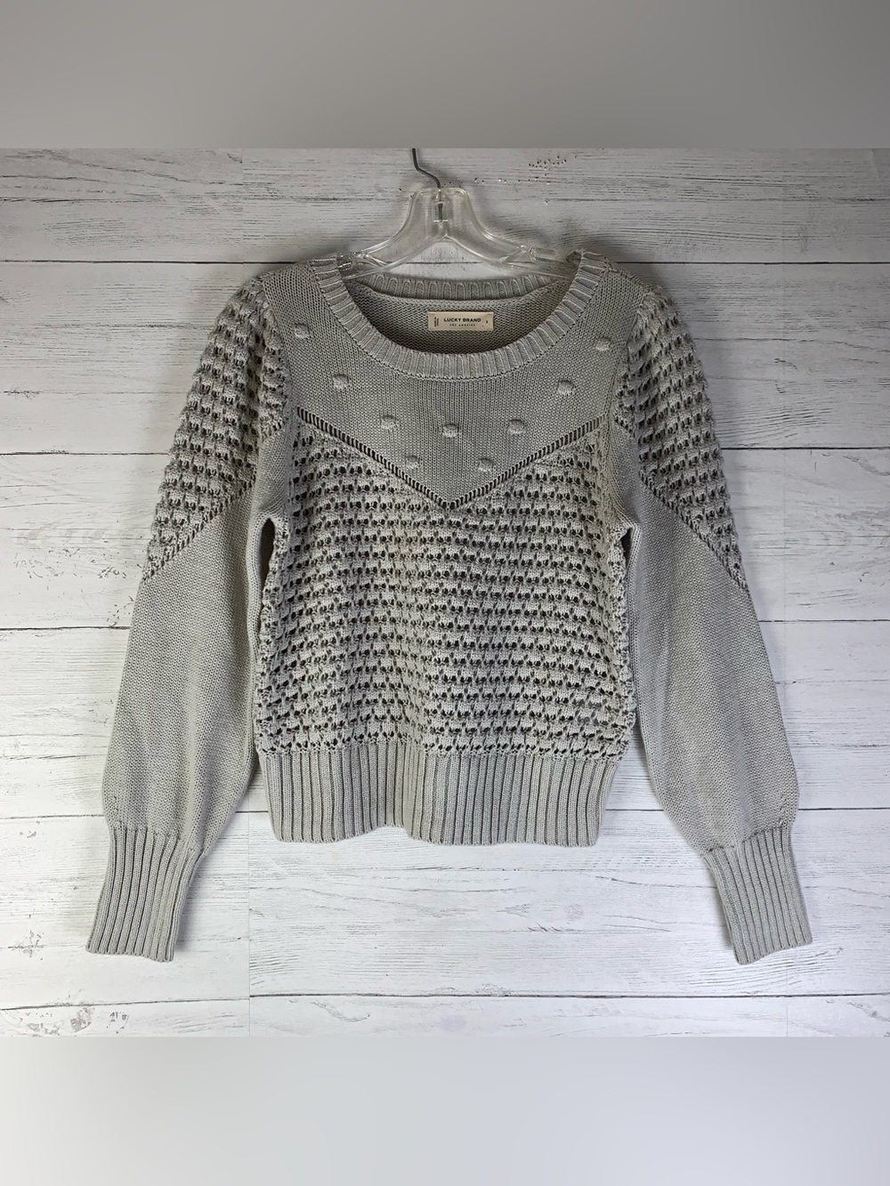 Lucky Brand Knit Sweater Pompoms Crochet Ribbed Balloon Sleeve Cotton gray Small